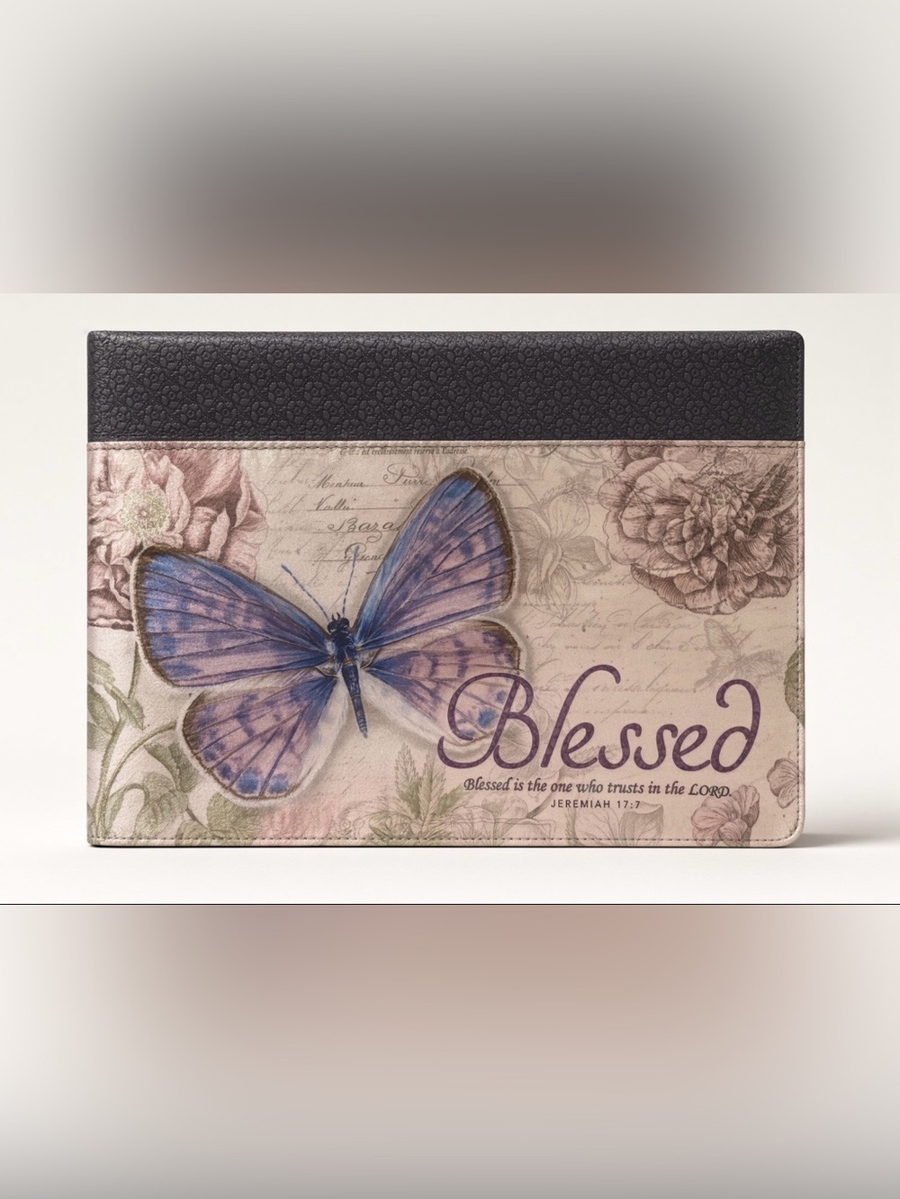 NEW IN PACKAGE Blessed Butterfly Bible Cover 11x8 XL – Jeremiah 17:7 Purple Flor